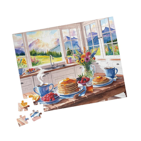 Breakfast Spread Foodie Jigsaw Puzzle, Country Mountain Background, Kitchen Decor, Home Entertainment, Puzzle Lover Gift for Friend 110 pcs (Horizontal) Puzzle The Puzzle Chest