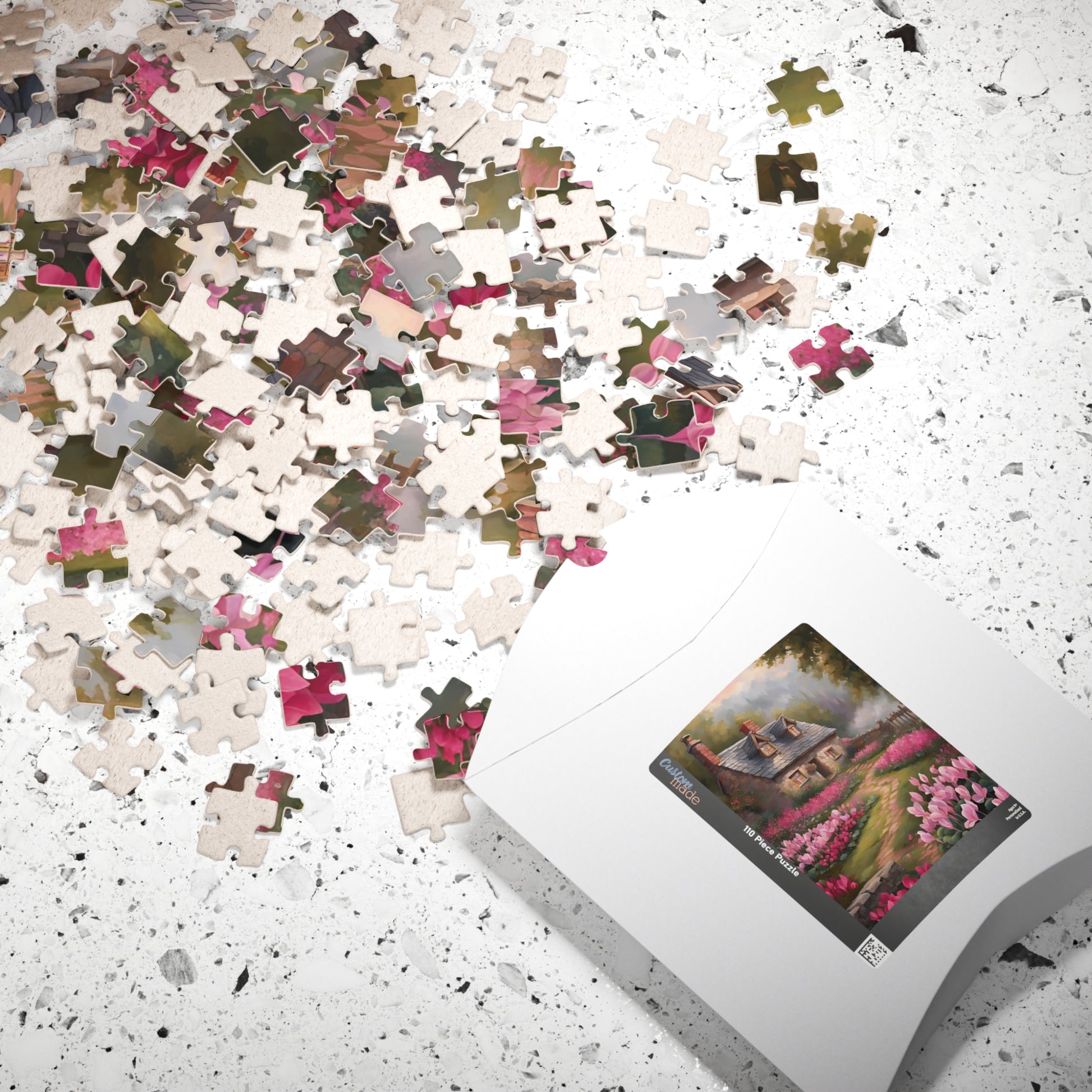 Enchanted Stone Cottage Puzzle, Thatched Roof Home Blooming Cyclamen Meadow, Idyllic Countryside Pink Purple Floral Landscape Game, Giftable Puzzle The Puzzle Chest
