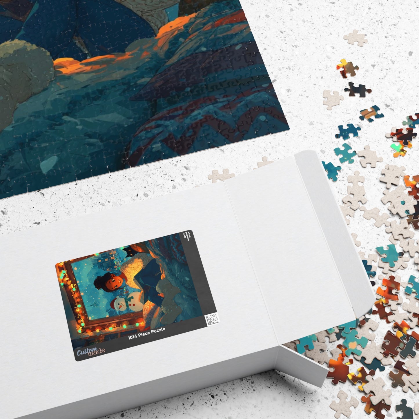 Christmas Window Glow Jigsaw Puzzle – Woman Reading by the Window with Fairy Lights, Snowman and Black Cat Puzzle The Puzzle Chest