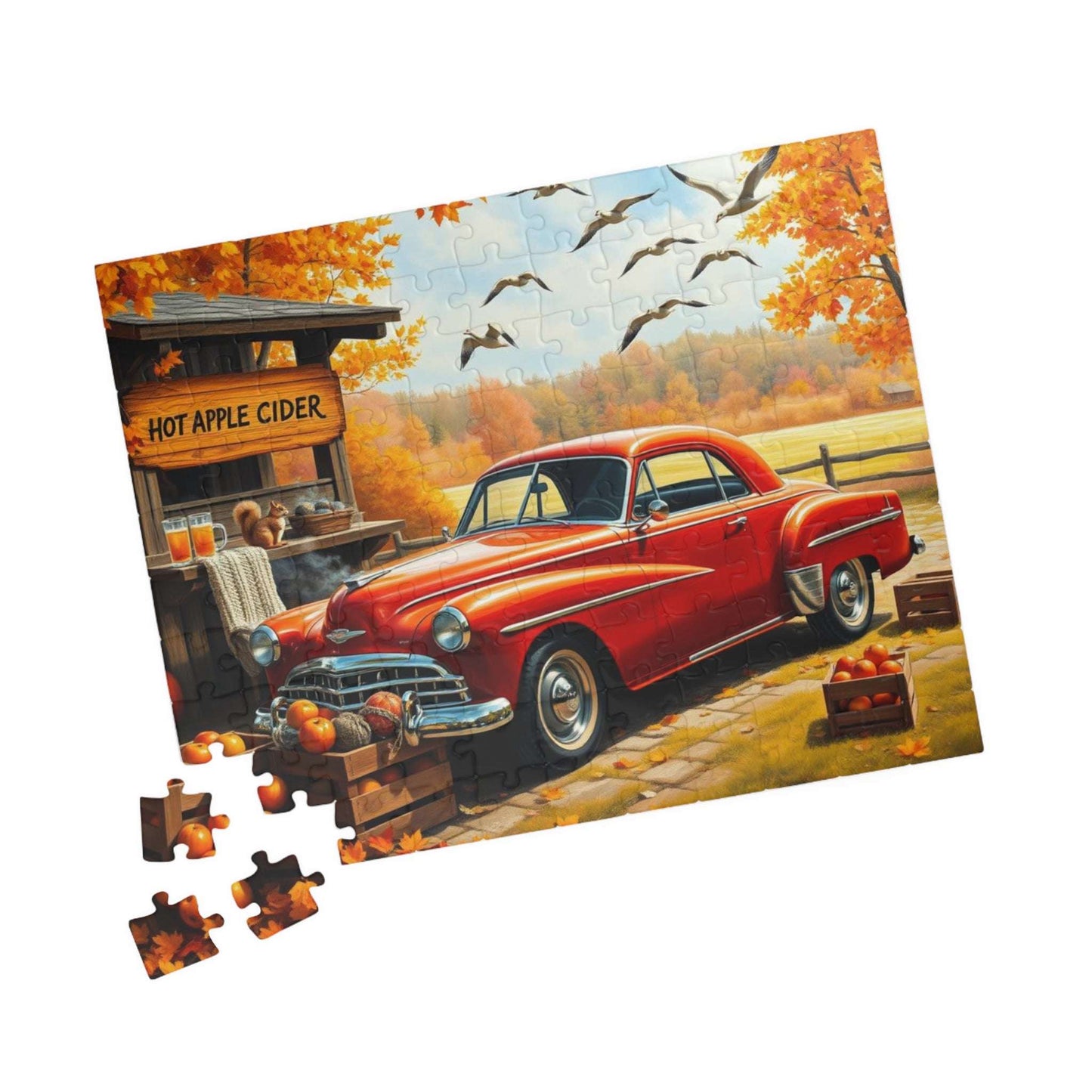Apple Cider Stand Stop Fall Themed Jigsaw Puzzle - Retro Car Scene, Family Fun Activity, Autumn Decor Gift, Cozy Indoor Entertainment