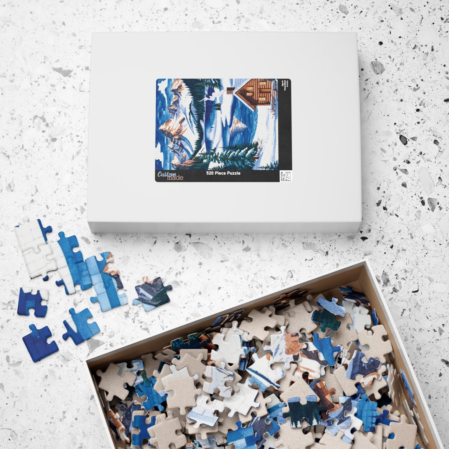 Mosaic Winter Mountain Scene Jigsaw Puzzle, Snowy Cabin Landscape, 520 Piece, Christmas Gift, Relaxation Activity, Wall Art Decor Puzzle The Puzzle Chest