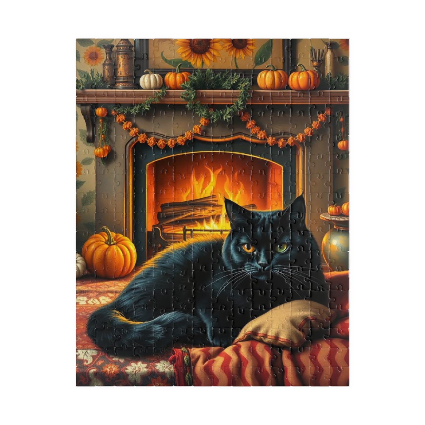 Hearthside Patch Paw Jigsaw Puzzle, Cozy Autumn Adult Folk Art Game with Black Cat and Pumpkins, Gift for Cat Lover, Fall Decor, Family Fun
