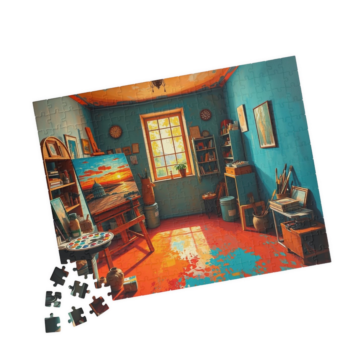 Vibrant Artist Studio Puzzle, Cozy Art Room Jigsaw Game, Creative Painting Scene with Easel and Art Supplies, Unique Gift for Puzzle Lover