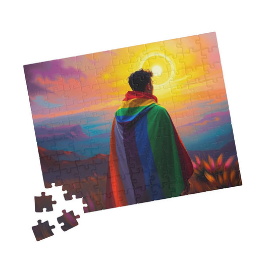 LGBTQ Pride Flag Puzzle - Queer Person in Rainbow Sunset Landscape, Fun Activity, Unique Holiday Birthday Pride Month Gift, Mindful Activity 110 pcs (Horizontal) Puzzle The Puzzle Chest