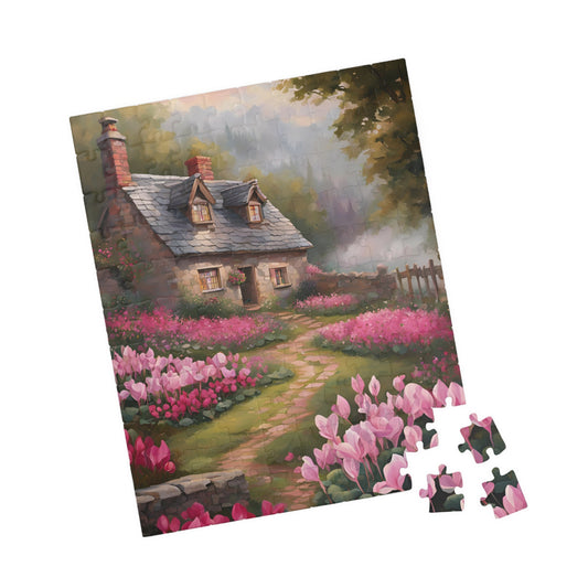 Enchanted Stone Cottage Puzzle, Thatched Roof Home Blooming Cyclamen Meadow, Idyllic Countryside Pink Purple Floral Landscape Game, Giftable Puzzle The Puzzle Chest