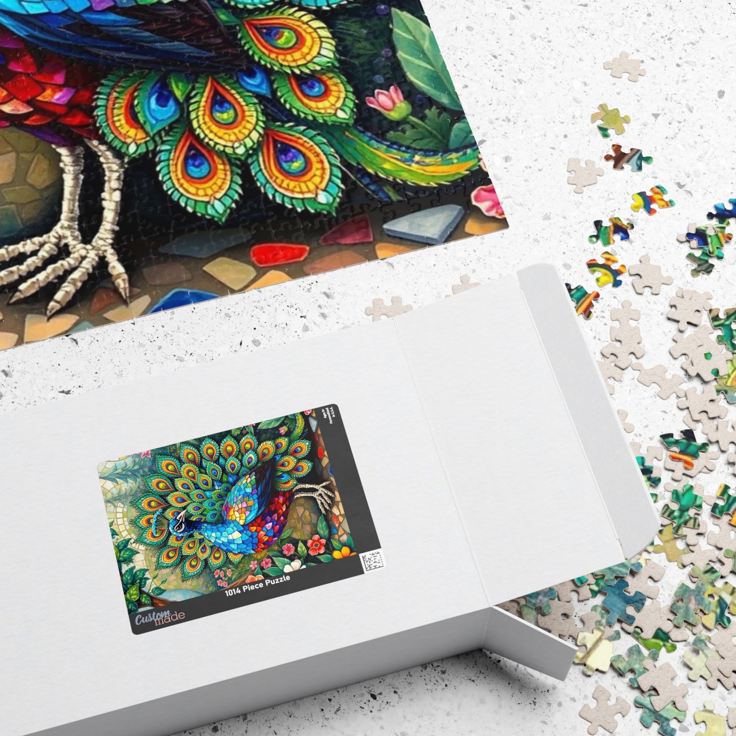 Mosaic Peacock Puzzle, Beautiful Fan-Tailed Bird in a Jewel-Toned Mosaic Art Garden Scene for Adults Teens, Gift for Animal Lover, Mindful Puzzle The Puzzle Chest