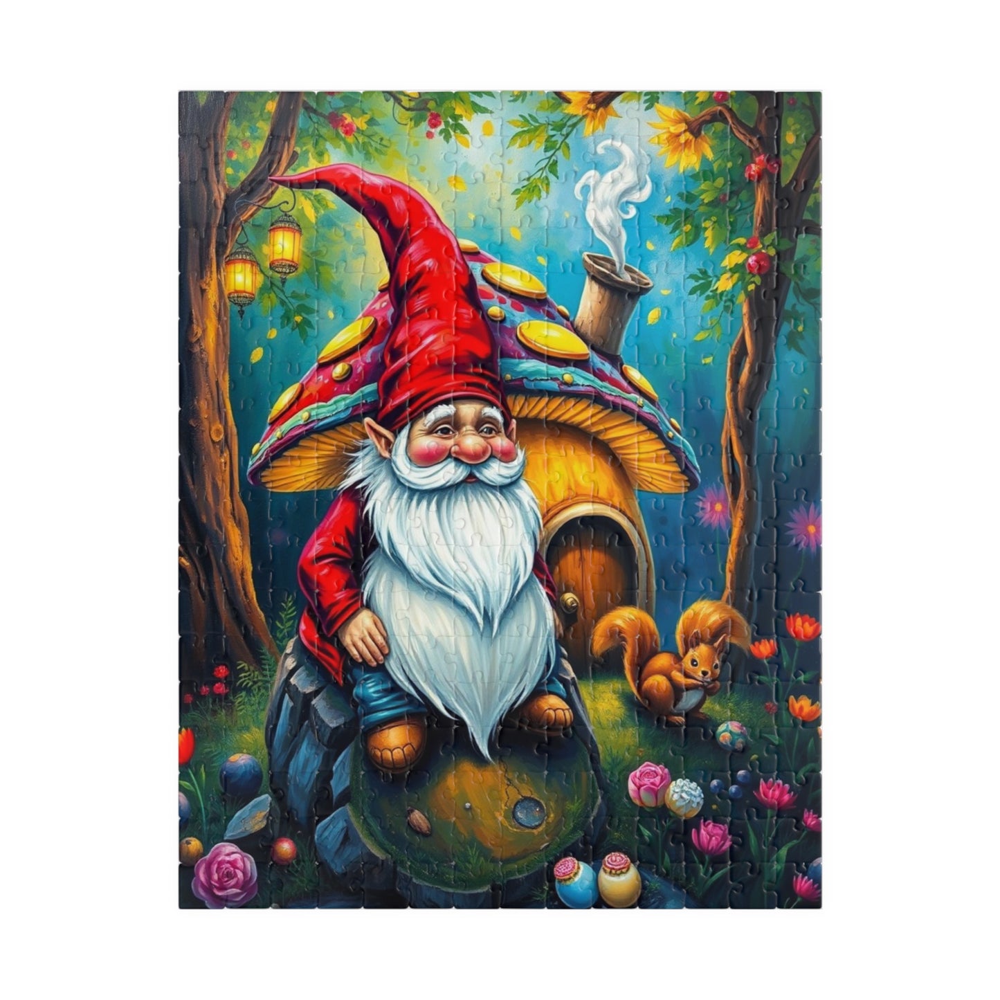 Mystical Gnome Jigsaw Puzzle, Enchanted Woodland Scene with Squirrel and Lanterns, Jigsaw Game for Adults, Entertaining Pastime 252 pcs (Vertical) Puzzle The Puzzle Chest