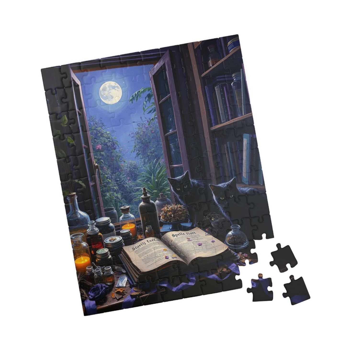 Alchemy in Bloom Jigsaw Puzzle - Mystical Moonlight Cat Puzzle, Enchanting 110-520 piece Game Ideal for Cozy Night In, Gift for Puzzle Lover