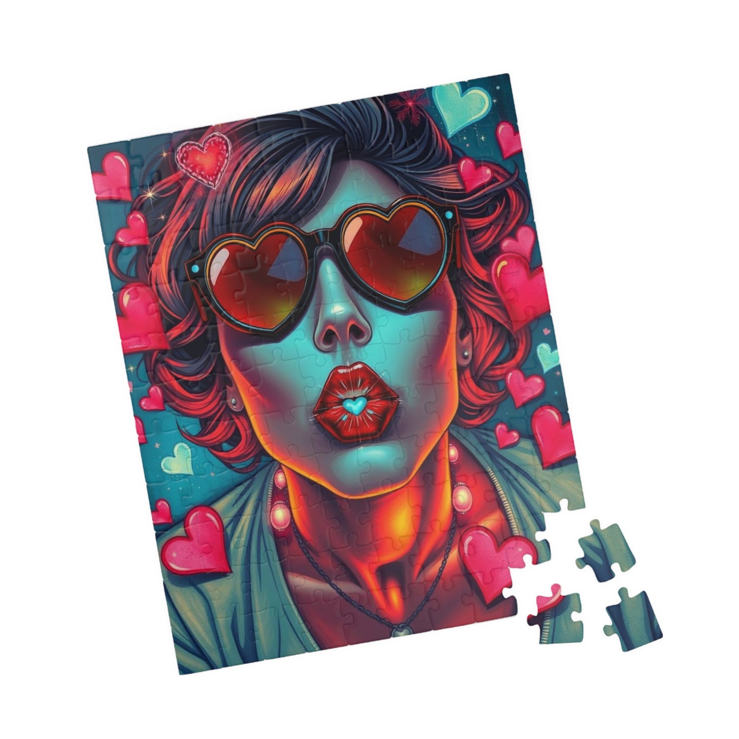 Hearts and Kisses Jigsaw Puzzle, Woman Blowing a Kiss, Comic Pop Art Nostalgic Game for Fun Gathering, Gift for Puzzle Lover, Family Night