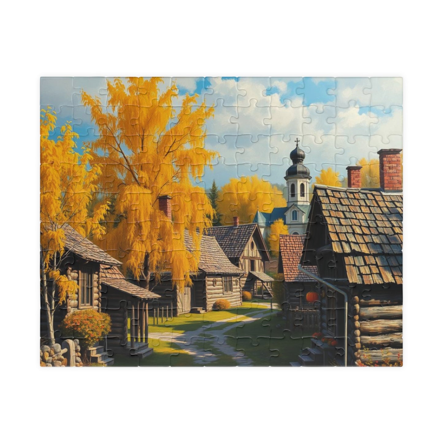 Rustic Slavic Village Jigsaw Puzzle for Adults, Autumn Wooden Cottages Golden Birch Trees, Gift for Friends, Family Activity, Creative Hobby 110 pcs (Horizontal) Puzzle The Puzzle Chest