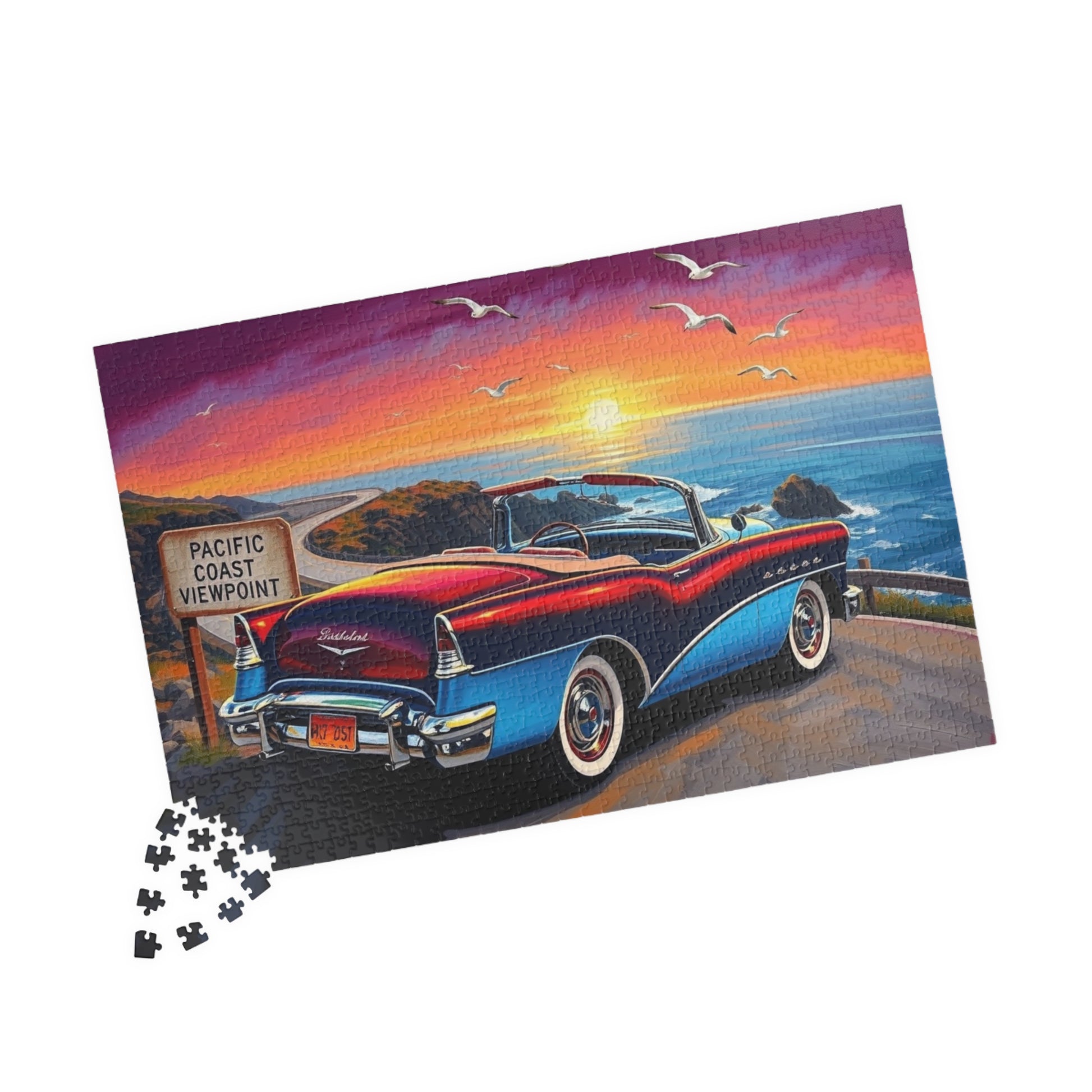 Vintage Car Puzzle, Sky Blue 1953 Convertible, Classic Vehicle at a Scenic California Overlook Puzzle The Puzzle Chest