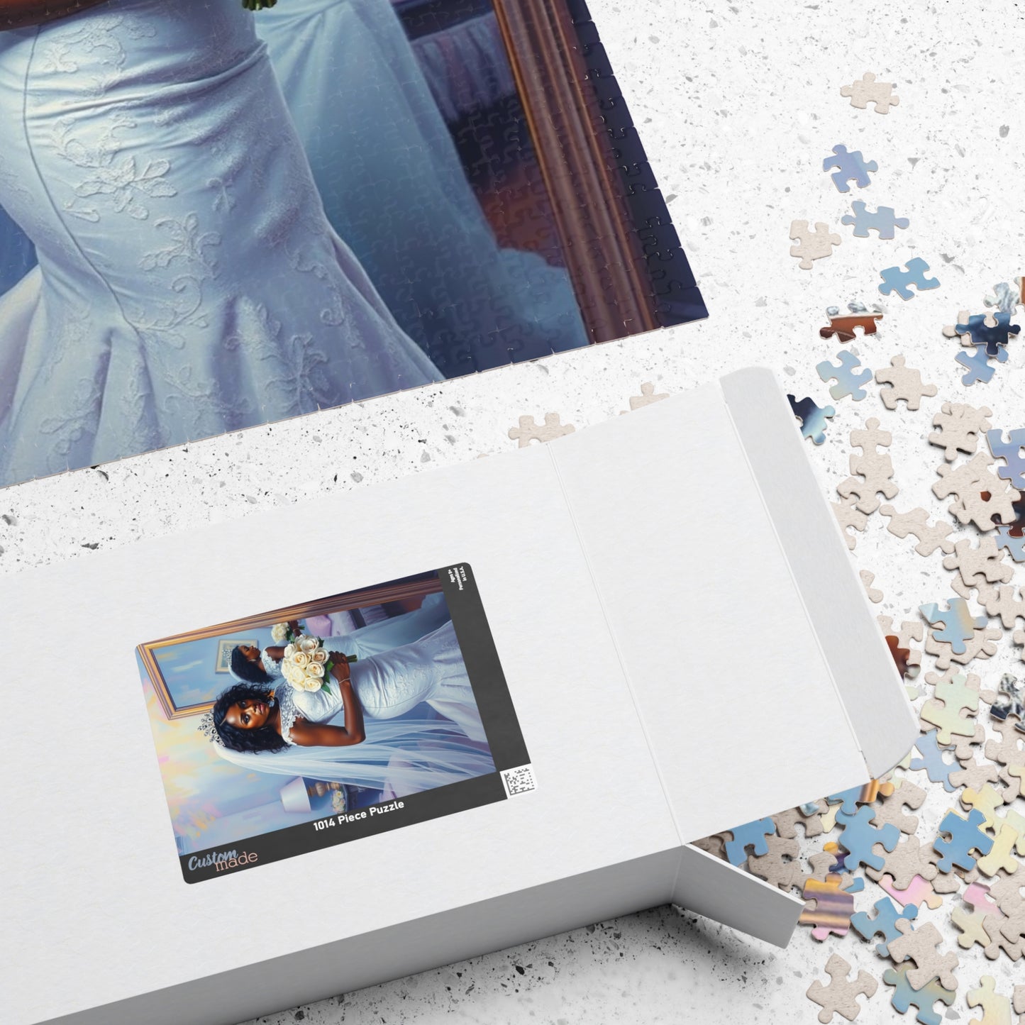 African American Bride Puzzle, White Lace Gown and Tiara, Black Woman Wedding Day Reflection Jigsaw Game Puzzle The Puzzle Chest