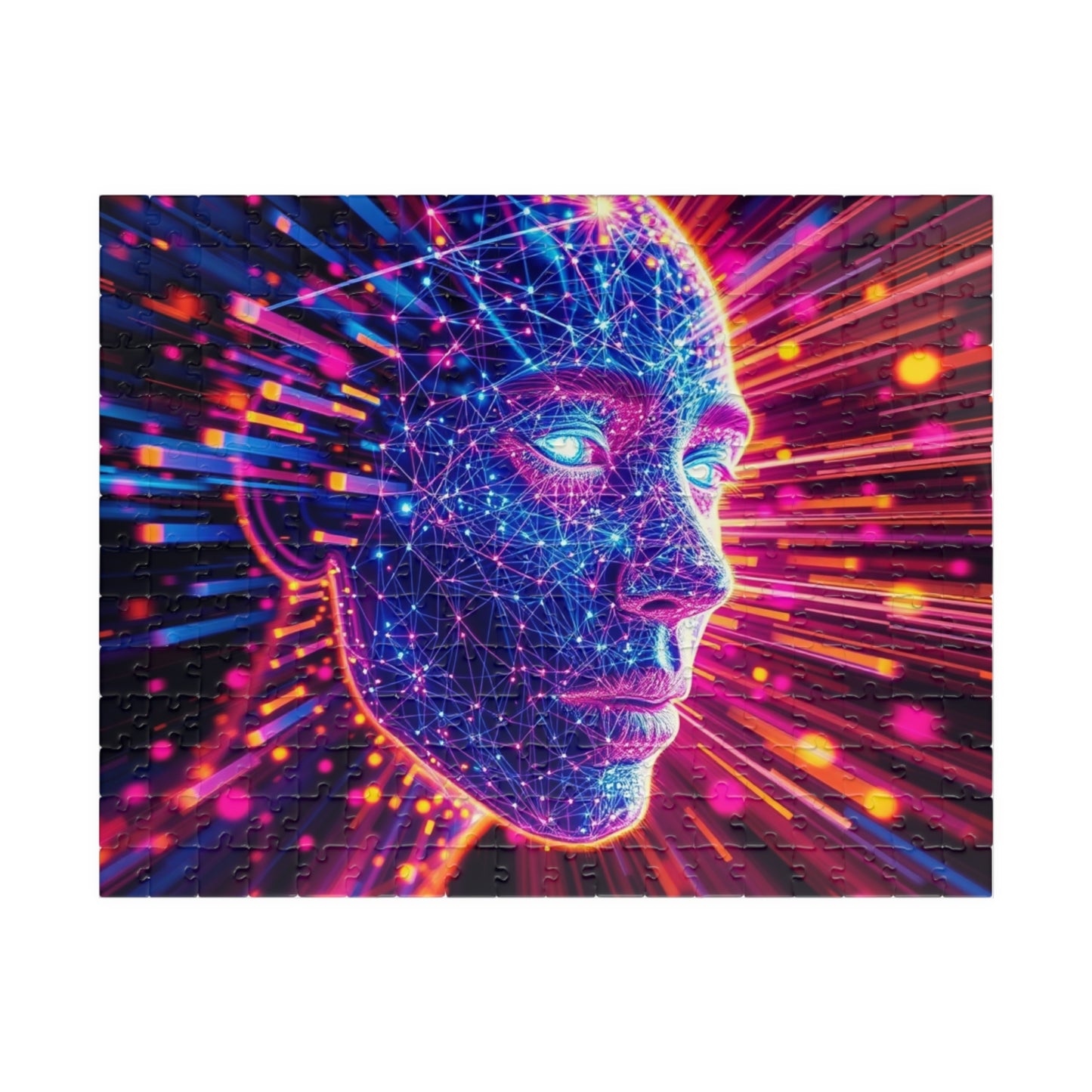 Abstract Human Face Jigsaw Puzzle, Colorful Glowing Electric Lines and Dots Design, Unique Gift for Bold Modern Art Lover Collector Hobbyist 252 pcs (Horizontal) Puzzle The Puzzle Chest