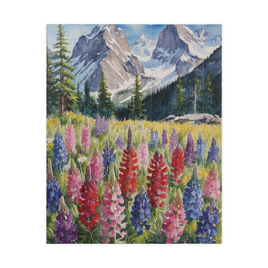 Floral Wildflower Puzzle, Landscape Alpine Meadow Jigsaw - Indian Paintbrush, Lupines, Snow-Capped Mountains, Fun Family Activity Game Night 110 pcs (Vertical) Puzzle The Puzzle Chest