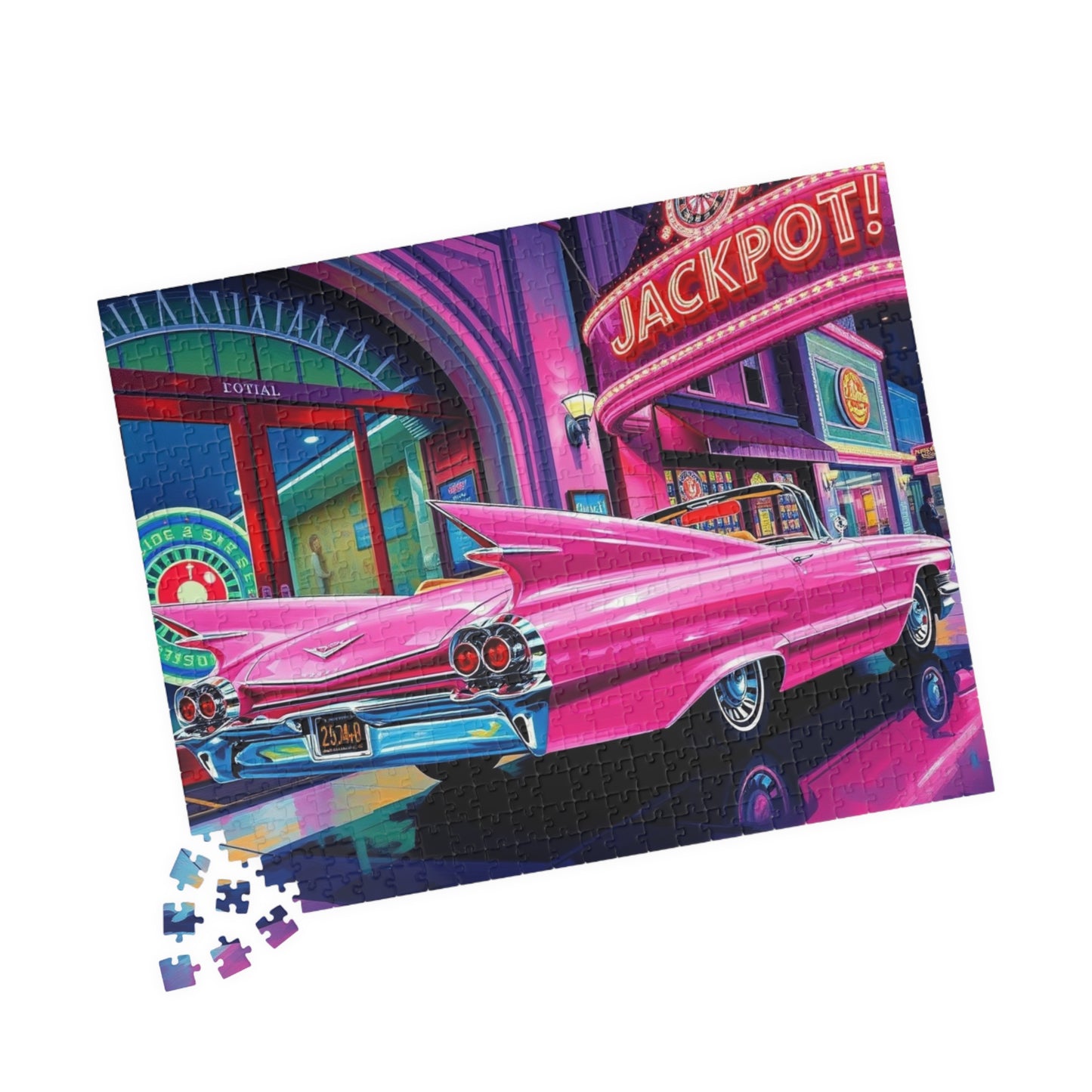 Vintage Car Puzzle - 1959 Pink Eldorado, Retro Casino and Classic Vehicle Scene Puzzle The Puzzle Chest