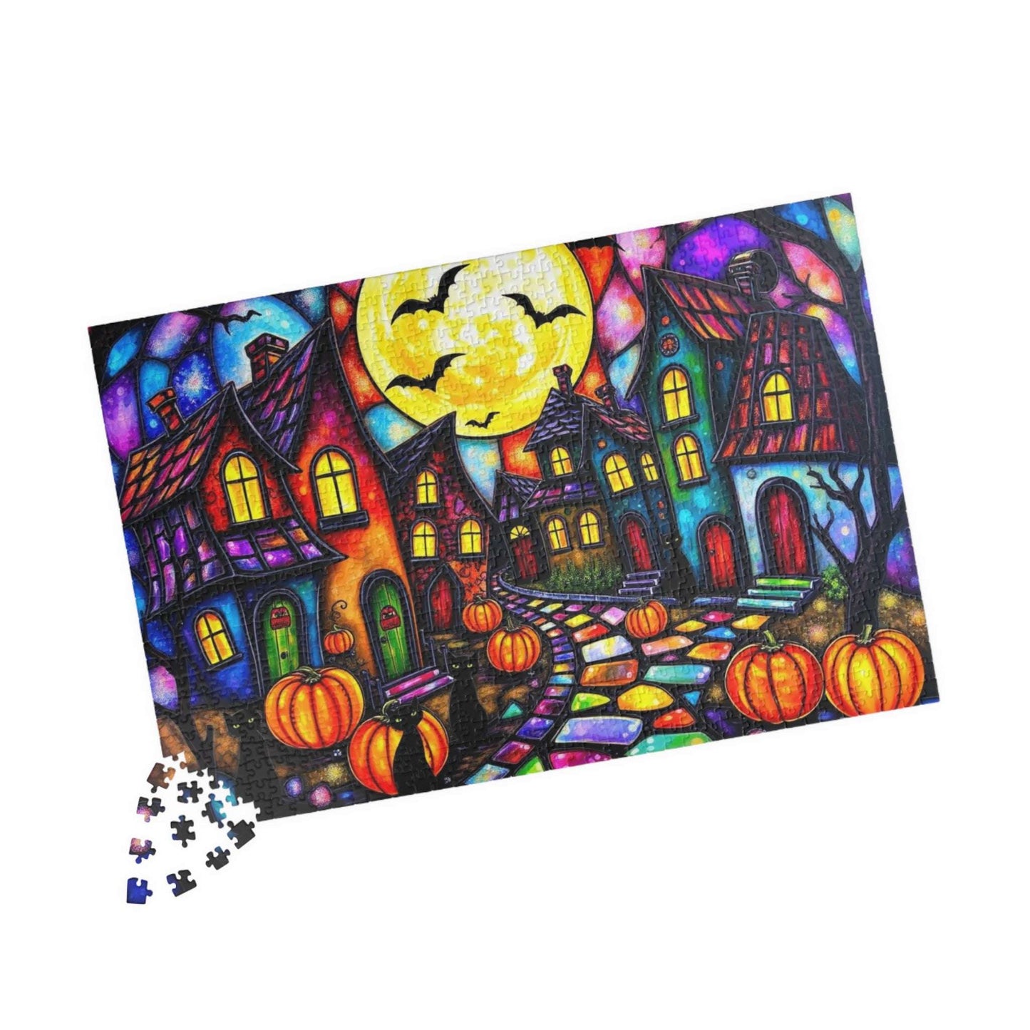 Spooky Night Village Jigsaw Puzzle, Halloween Themed Black Cat Puzzle Stained Glass Style