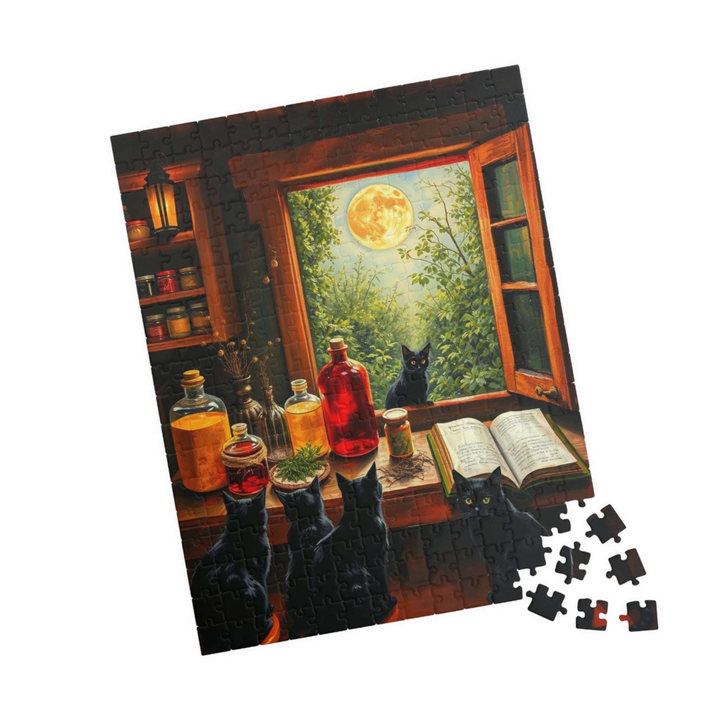 Autumn Alchemists Table Jigsaw Puzzle - Mystical Cat Theme, Ideal Witchy Gift for Cat Lover, Magic Enthusiast, Family Fun, Mindful Activity