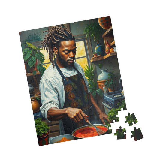 Culinary Black Art Puzzle, Black Man Jigsaw, Relaxing Kitchen Scene, Family Fun Gift for Food Lover Afro American Puzzle Game 110 pcs (Vertical) Puzzle The Puzzle Chest