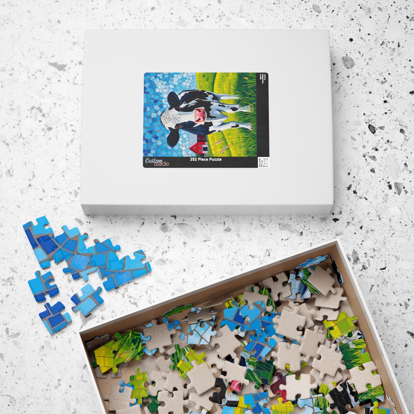 Mosaic Art Cow Jigsaw Puzzle, Peaceful Rural Landscape, Black and White Cow in a Farm Pasture with Red Barn and Blue-Sky Tabletop Game, Gift Puzzle The Puzzle Chest
