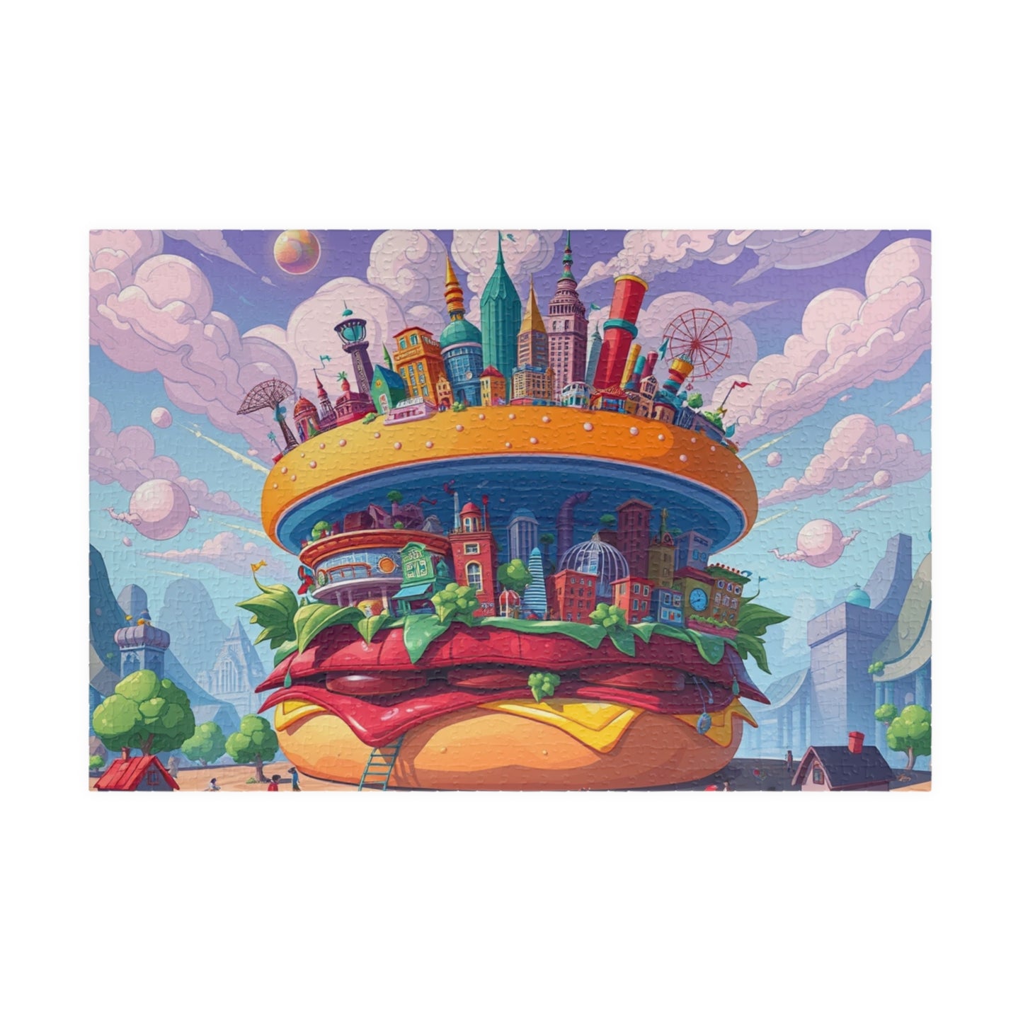 Giant Burger Cityscape Pop Art Puzzle, Colorful Fun and Unique Jigsaw Game Toy, Gift for Food and Urban Art Lovers, Entertaining Pastime 1014 pcs (Horizontal) Puzzle The Puzzle Chest