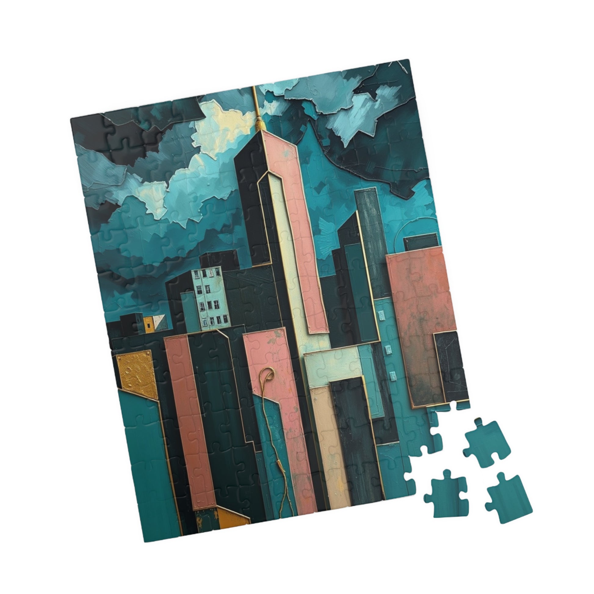 Abstract Cityscape Jigsaw Puzzle - Metallic Pastel Teal Geometric Shapes Puzzle The Puzzle Chest