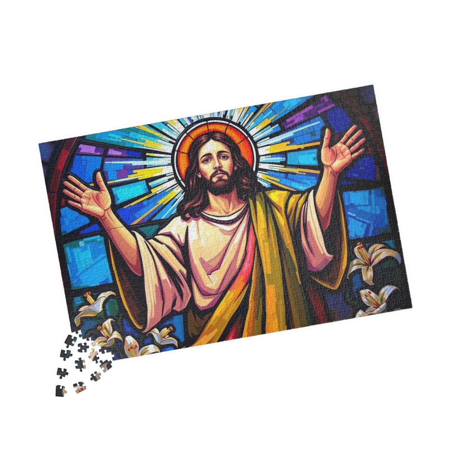 Religious Puzzle Art - Jesus in Stained Glass Style, 110-1014 Piece, Challenging Brain Teaser, Faith-Based Gift for Friends, Family Activity 1014 pcs (Horizontal) Puzzle The Puzzle Chest
