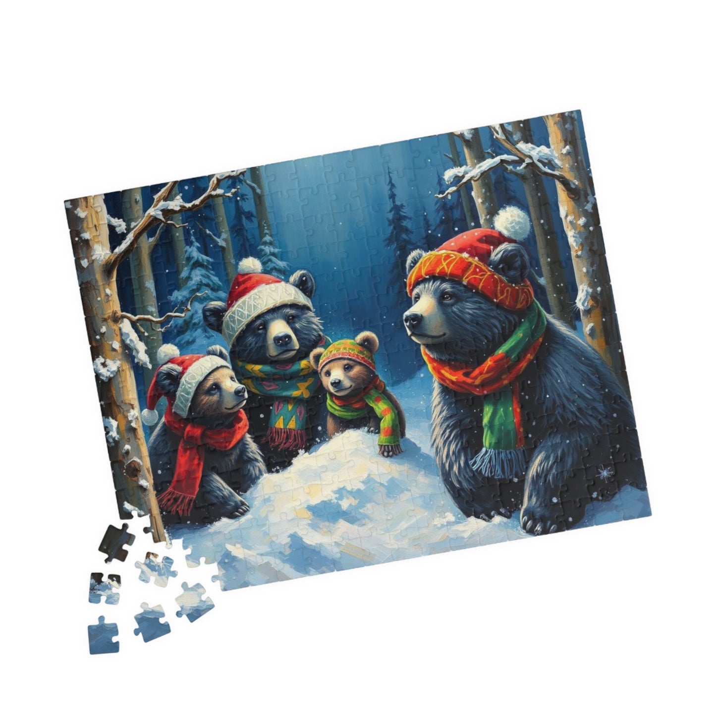 Christmas Bear Family Jigsaw Puzzle - 110, 252, 520, 1014 Pieces, Gift for Winter Nights, Family Games, Holiday Traditions, Home Decor