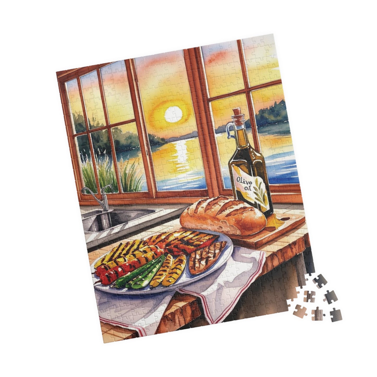 Foodie Kitchen Sunset Jigsaw Puzzle, Serene Lake View Dinner Table Scene, Frameable Culinary Art, Puzzle Enthusiast Gift for Friend 520 pcs (Vertical) Puzzle The Puzzle Chest