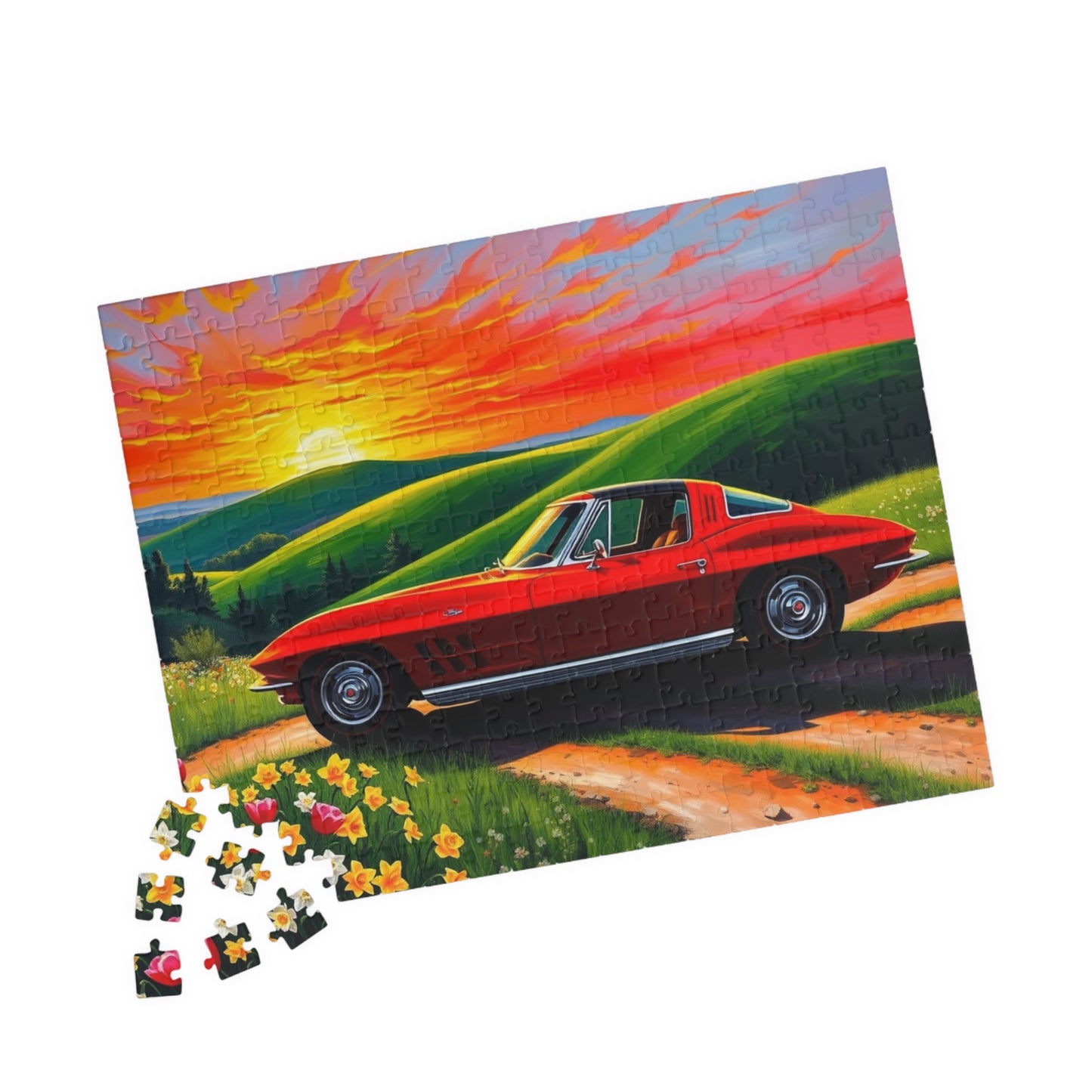 Vintage Auto Sunset Puzzle, Perfect Gift for Classic Car Lover, Family Game Night, Retro 1963 Stingray Jigsaw Game for Adults, Mindfulness Puzzle The Puzzle Chest