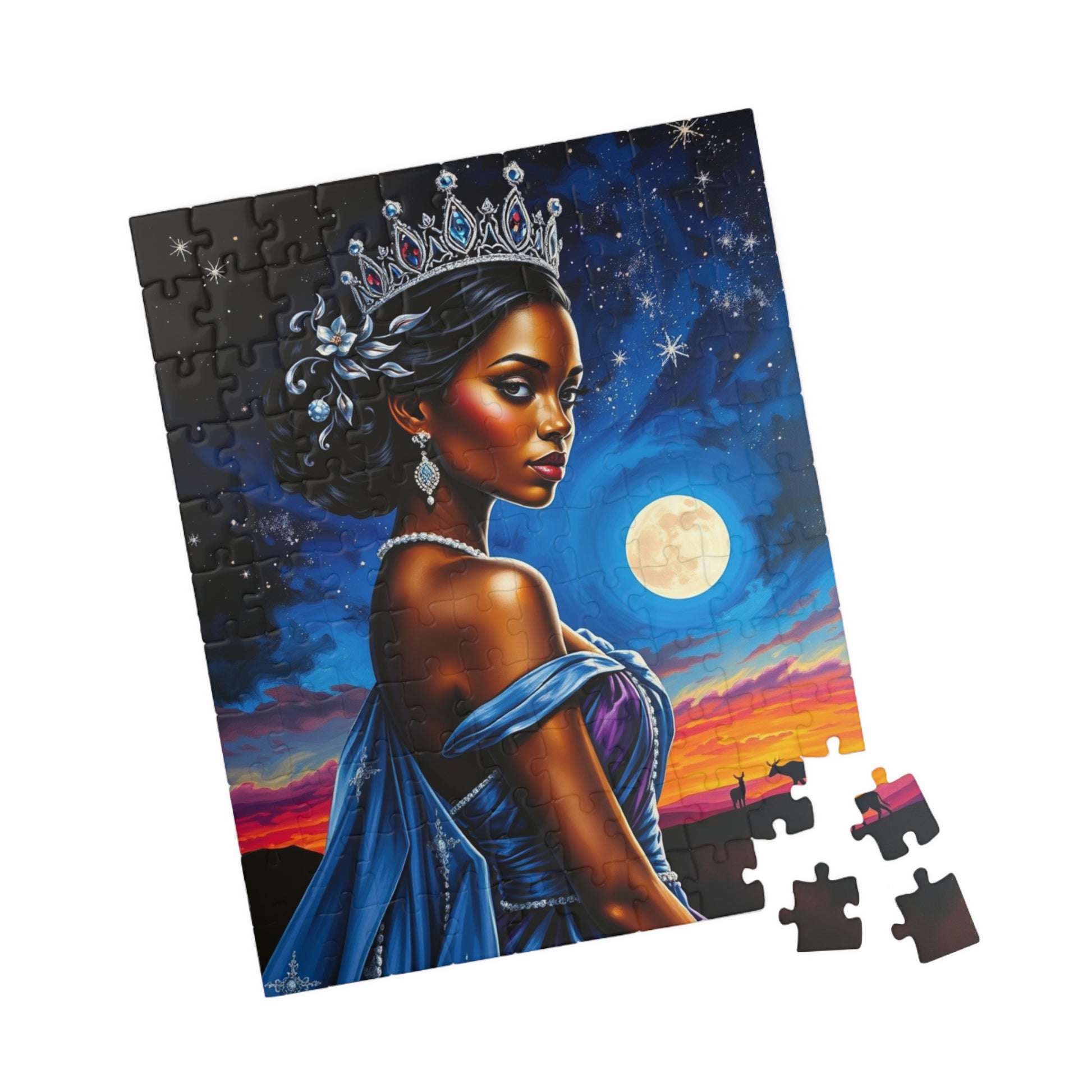 Celestial Themed African Princess Puzzle, Moon Stars Animal Silhouette, Vibrant Blue Afrocentric Game, Mindful Activity, Puzzle Lover Gift Puzzle The Puzzle Chest