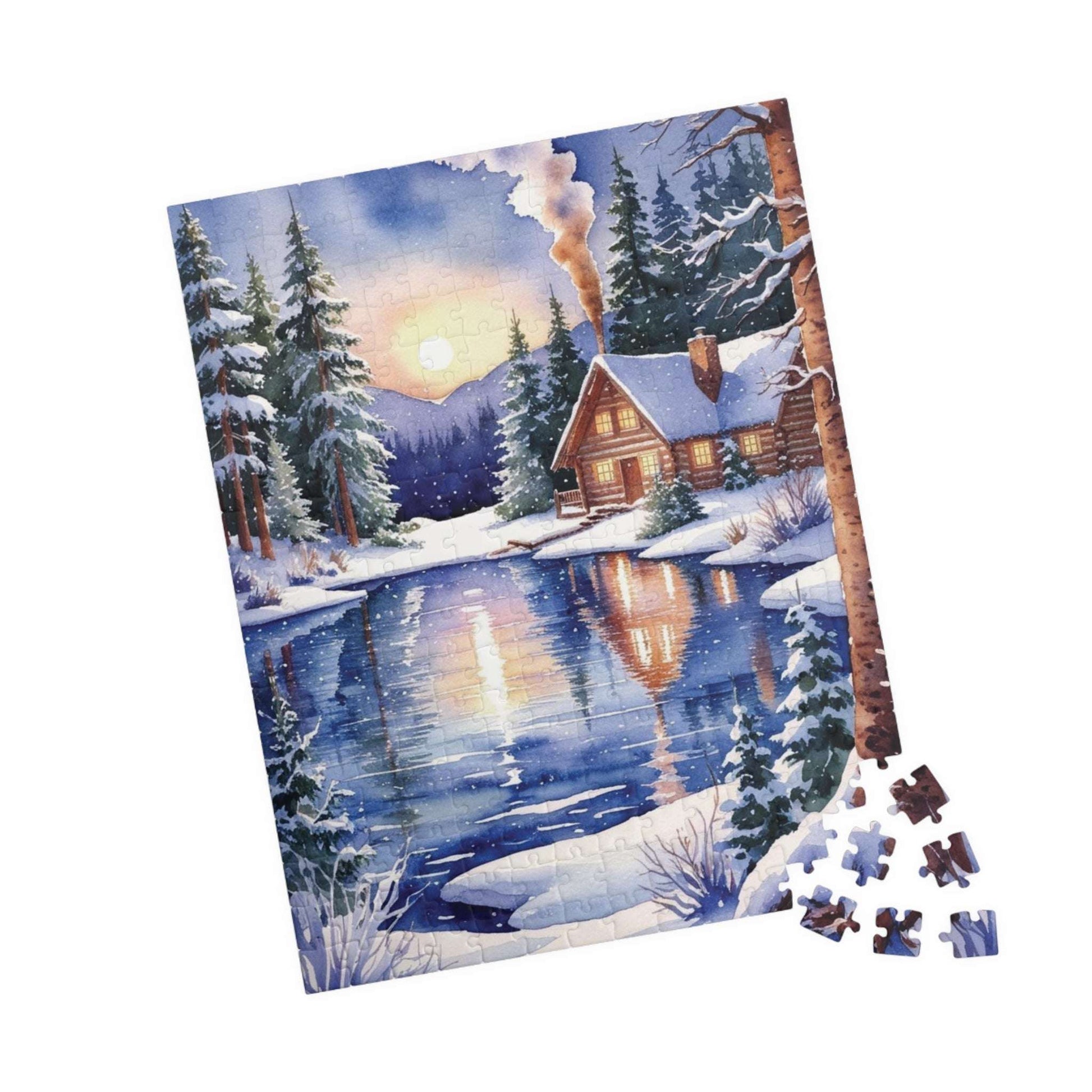 Winter Snowy Landscape Jigsaw Puzzle, Cozy Log Cabin, 110-1014 Piece Puzzle, Watercolor Style, Christmas Gift, Relaxing Activity, Giftable Puzzle The Puzzle Chest