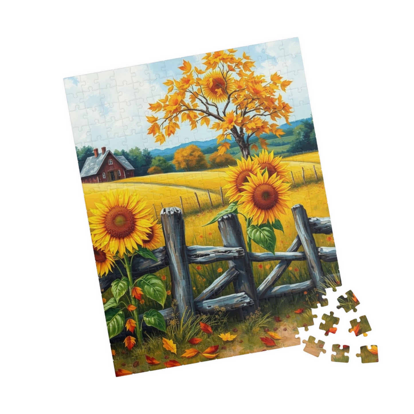 Jigsaw Puzzle, Sunflower Field Landscape Puzzle, Autumn Leaves, Wooden Fence, 110-1014 Pieces, Relaxing Activity, Home Decor, Gift for Puzzle The Puzzle Chest