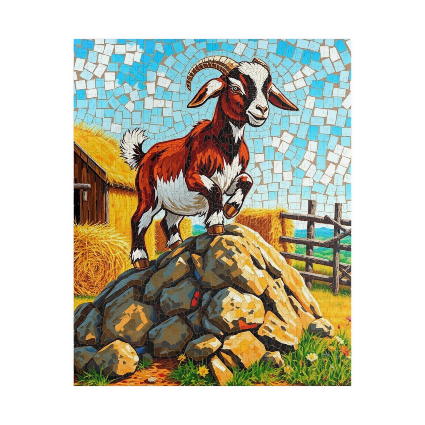 Playful Goat Mosaic Puzzle, Goat on Rocky Hill, Sunny Farm Scene Jigsaw Game for Adults, Family Activity, Mindful Puzzle Lover Gift 520 pcs (Vertical) Puzzle The Puzzle Chest