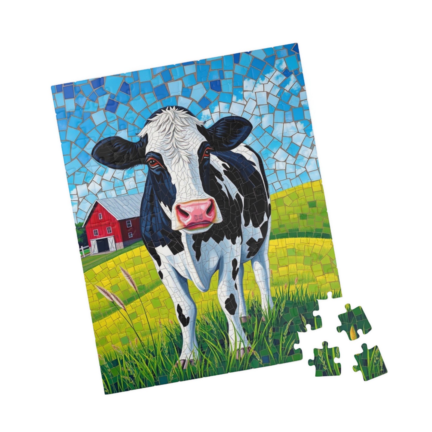 Mosaic Art Cow Jigsaw Puzzle, Peaceful Rural Landscape, Black and White Cow in a Farm Pasture with Red Barn and Blue-Sky Tabletop Game, Gift Puzzle The Puzzle Chest