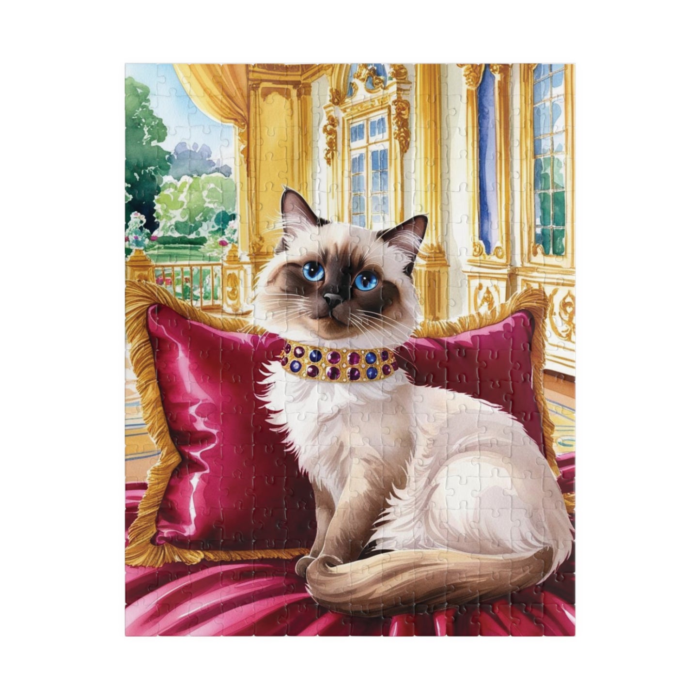 Jigsaw Puzzle - Siamese Cat with Jeweled Collar, Opulent Palace Room, Animal Puzzle, Relaxing Cat Puzzle, Silk Pillow Puzzle, Cat Lover Gift 252 pcs (Vertical) Puzzle The Puzzle Chest