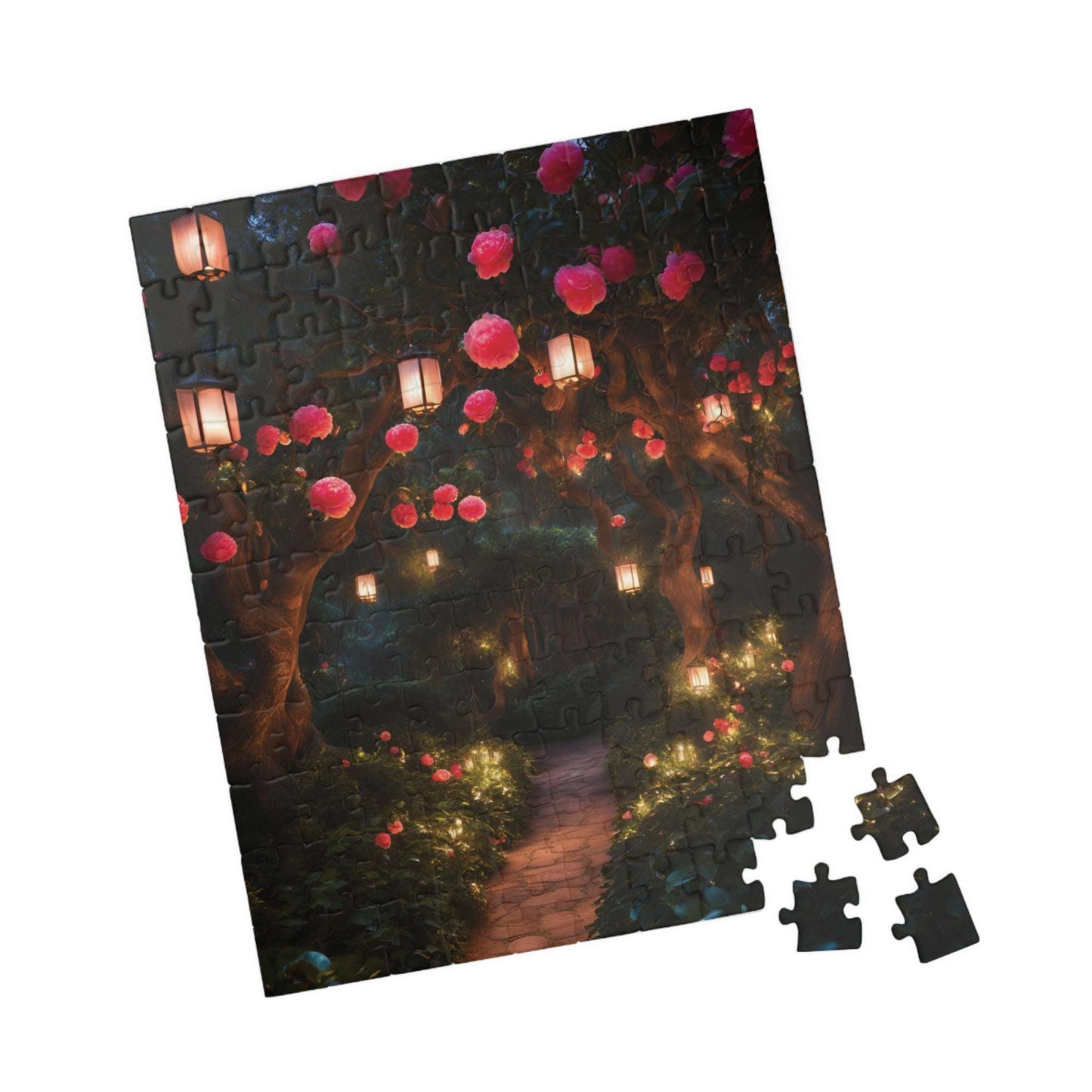 Camellia Flowers Nighttime Puzzle, Tranquil Lantern-Lit Floral Scene, Cozy and Relaxing Jigsaw Game for Adults, Ideal Nature Lover Gift Puzzle The Puzzle Chest