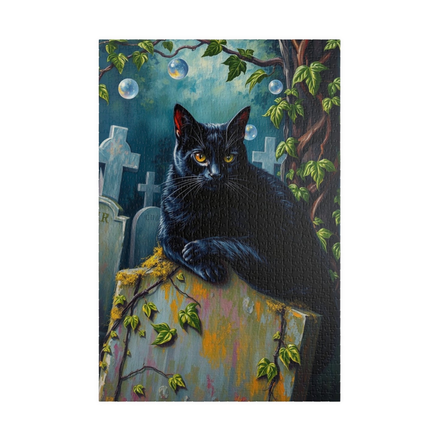 Gothic Puzzle, Black Cat Rests on Moss-Covered Tombstone, Eerie Atmosphere, Halloween Jigsaw Game, Spooky Home Decor, Creepy Cat Lover Gift 1014 pcs (Vertical) Puzzle The Puzzle Chest