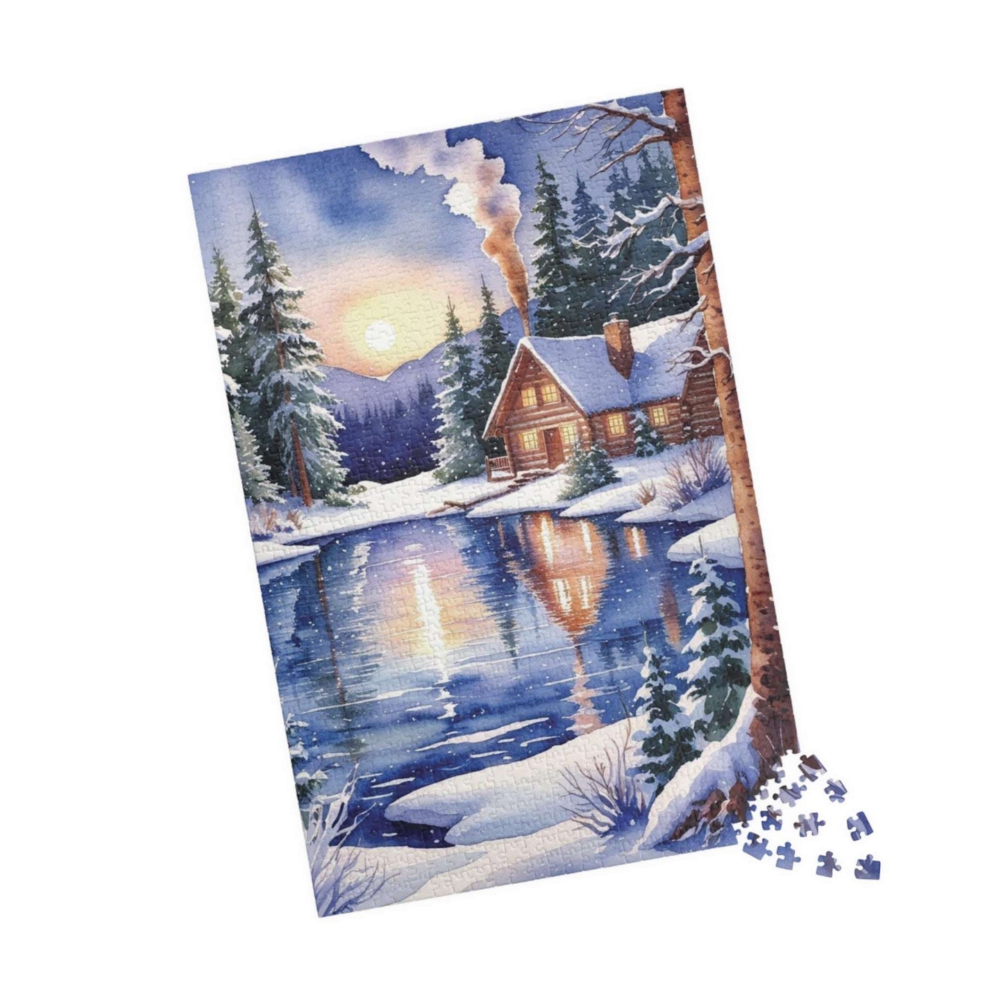 Winter Snowy Landscape Jigsaw Puzzle, Cozy Log Cabin, 110-1014 Piece Puzzle, Watercolor Style, Christmas Gift, Relaxing Activity, Giftable Puzzle The Puzzle Chest