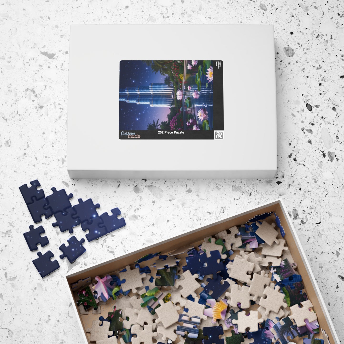 Burj Khalifa Reflections Jigsaw Puzzle, Dubai Skyline Lotus Water Lily Night Garden Landscape, Best Gift for Traveler Art Lover, Hobbyist Puzzle The Puzzle Chest