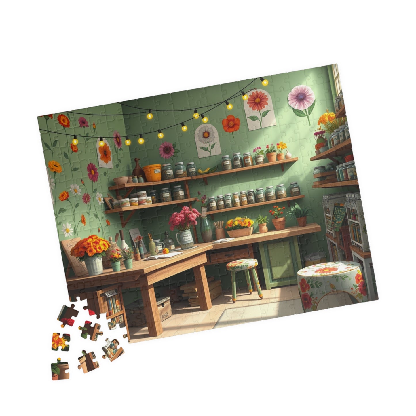 Country Garden Workshop Puzzle (110-1014 Piece), Colorful Flower Illustrations Sage Green Walls and String Lights, Plant Enthusiast Gift Puzzle The Puzzle Chest