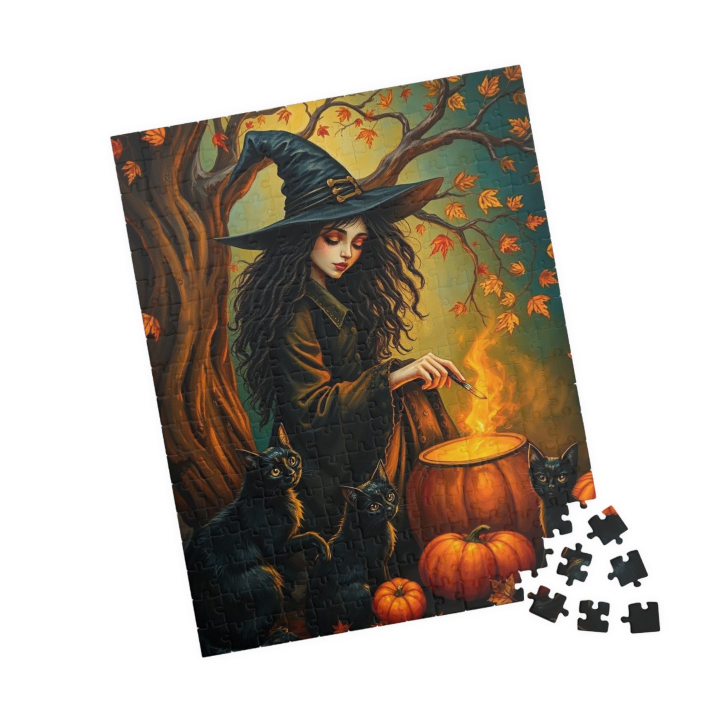 Catspell Cauldron Night Witchy Jigsaw Puzzle, Halloween Scene Perfect for Family Fun, Cozy Nights, Fall Celebrations, Gift for Puzzle Lover
