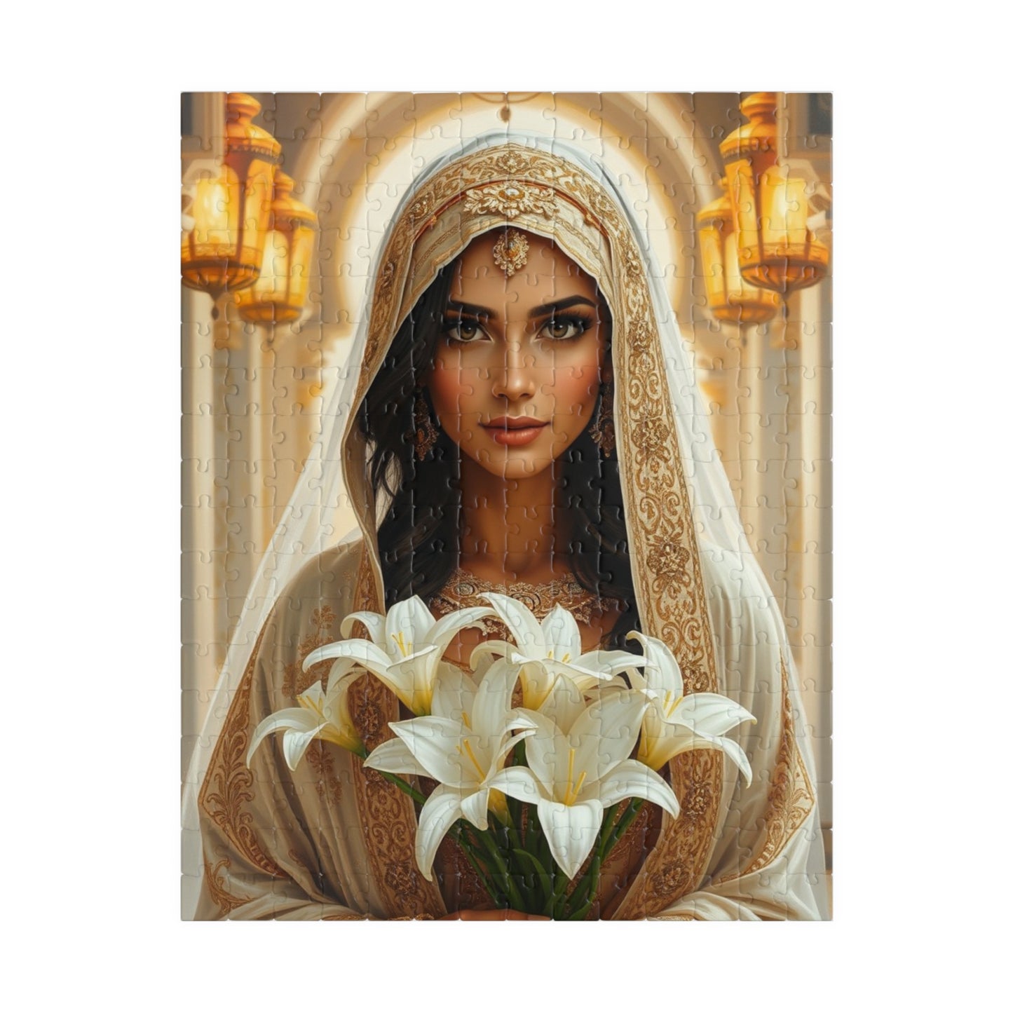 Middle Eastern Bride Puzzle with Gold Ivory Kaftan and Lanterns, Family Friendly Wedding Jigsaw Game, Mindful Activity, Puzzle Lover Gift 252 pcs (Vertical) Puzzle The Puzzle Chest