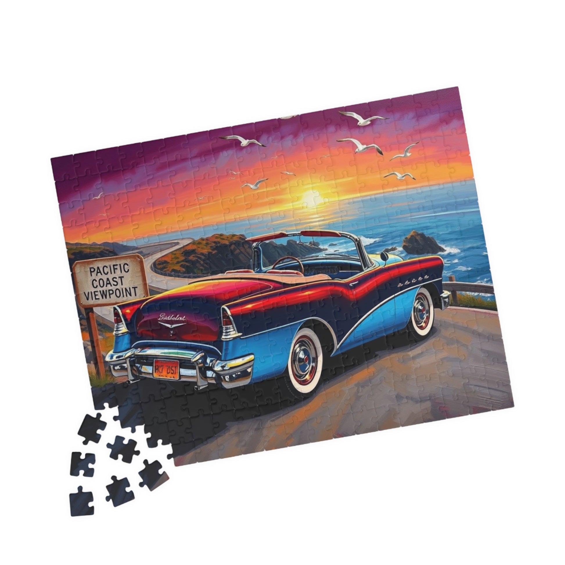 Vintage Car Puzzle, Sky Blue 1953 Convertible, Classic Vehicle at a Scenic California Overlook Puzzle The Puzzle Chest