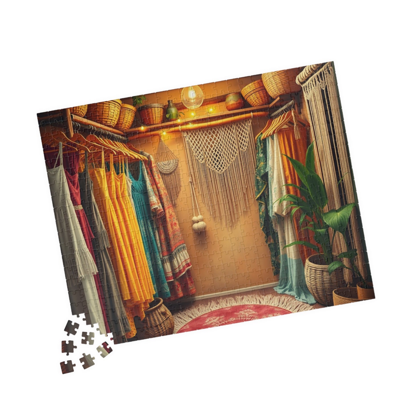 Boho Chic Closet Jigsaw Puzzle, Rustic Fashion Wardrobe with Dresses Plants and Accessories Game, Dreamy Womans Boutique, Puzzle Lover Gift