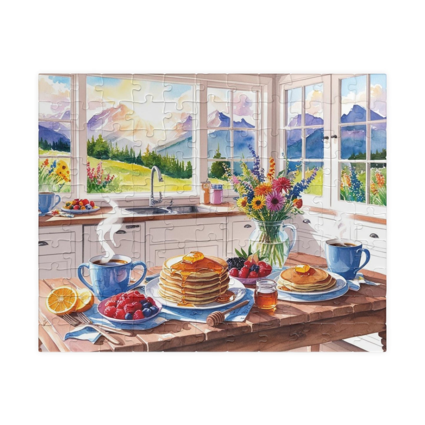 Breakfast Spread Foodie Jigsaw Puzzle, Country Mountain Background, Kitchen Decor, Home Entertainment, Puzzle Lover Gift for Friend 110 pcs (Horizontal) Puzzle The Puzzle Chest