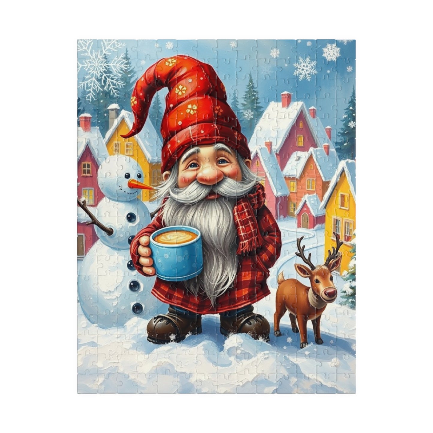 Charming Winter Gnome Puzzle, Reindeer Snowman and Hot Cocoa Holiday Fun, Snowy Village Scene Jigsaw Game, Puzzle Lover Gift, Mindfulness 252 pcs (Vertical) Puzzle The Puzzle Chest