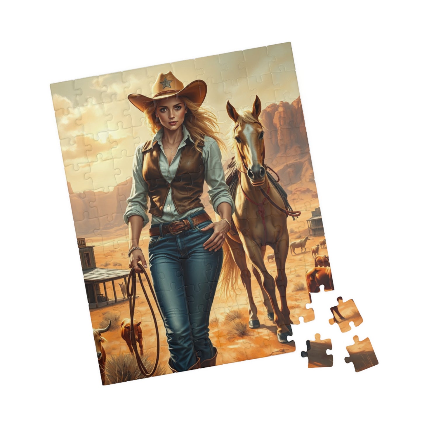 Blonde Cowgirl Puzzle, Palomino Horse Saloon and Grazing Cattle in the Desert, Western Frontier Landscape Jigsaw Game, Puzzle Lover Gift Puzzle The Puzzle Chest
