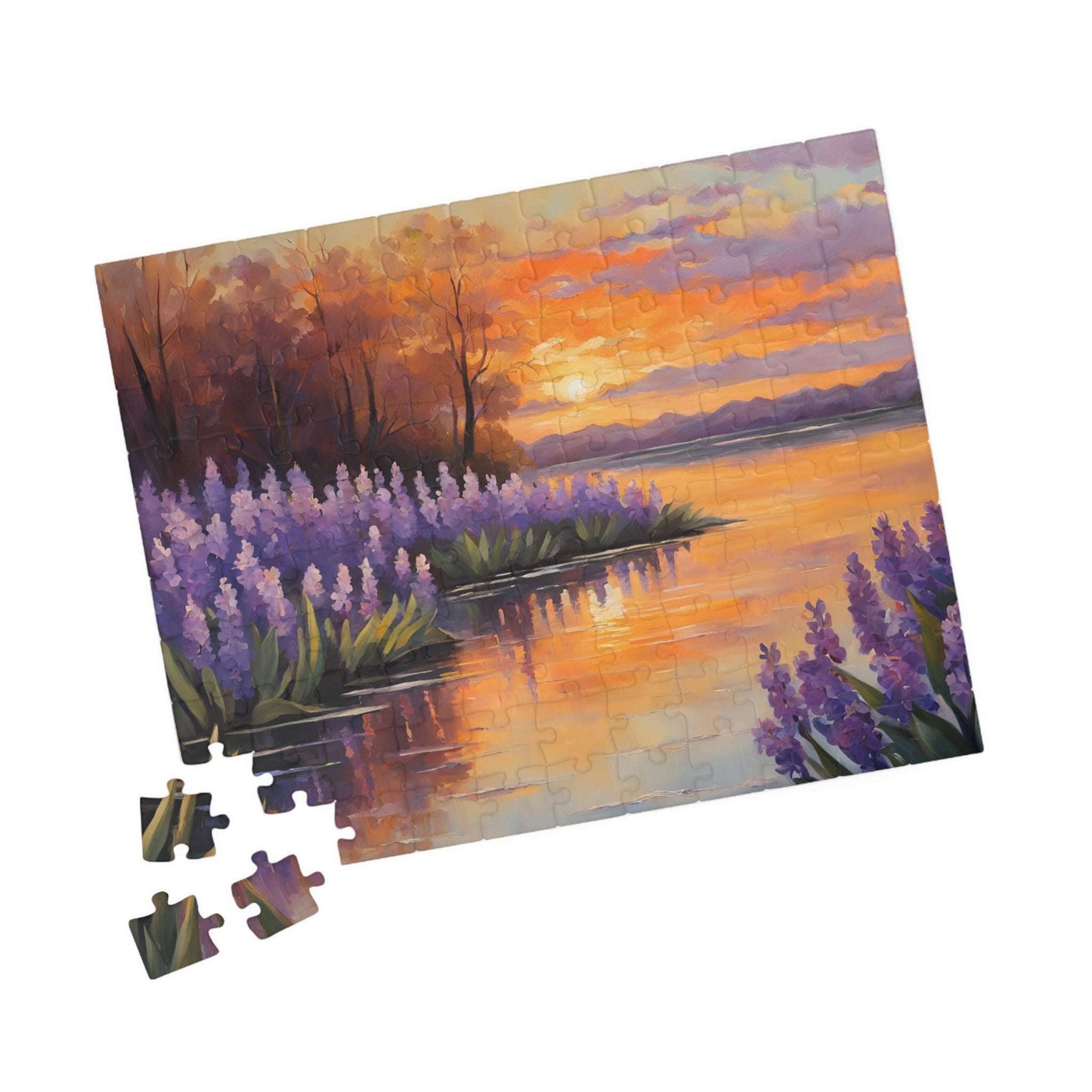 Jigsaw Puzzle, Peaceful Lakeside with Hyacinths Blooming, Sunset Reflection, 110 252 520 1014-piece, Relaxing Activity, Mindfulness Gift Puzzle The Puzzle Chest