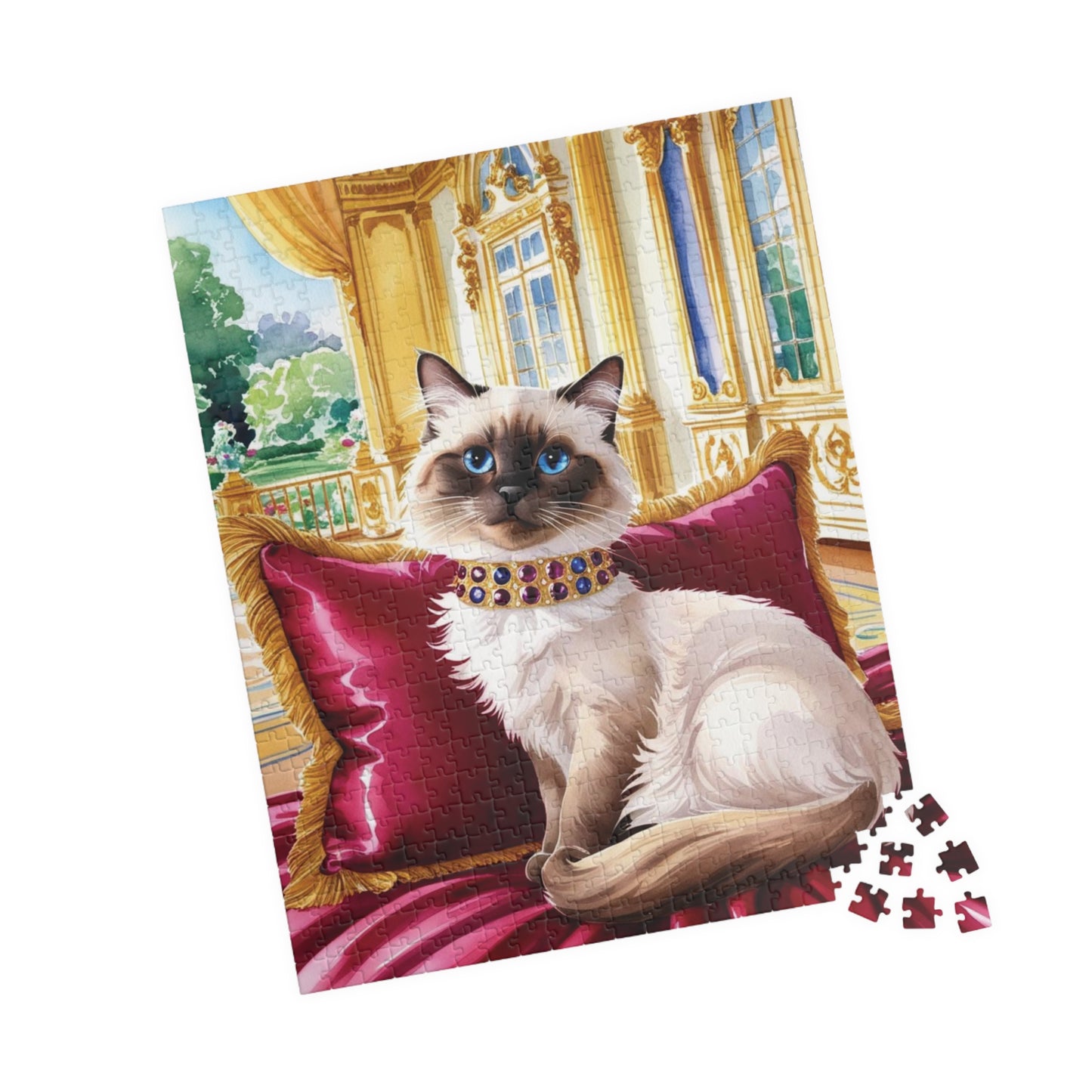 Jigsaw Puzzle - Siamese Cat with Jeweled Collar, Opulent Palace Room, Animal Puzzle, Relaxing Cat Puzzle, Silk Pillow Puzzle, Cat Lover Gift Puzzle The Puzzle Chest