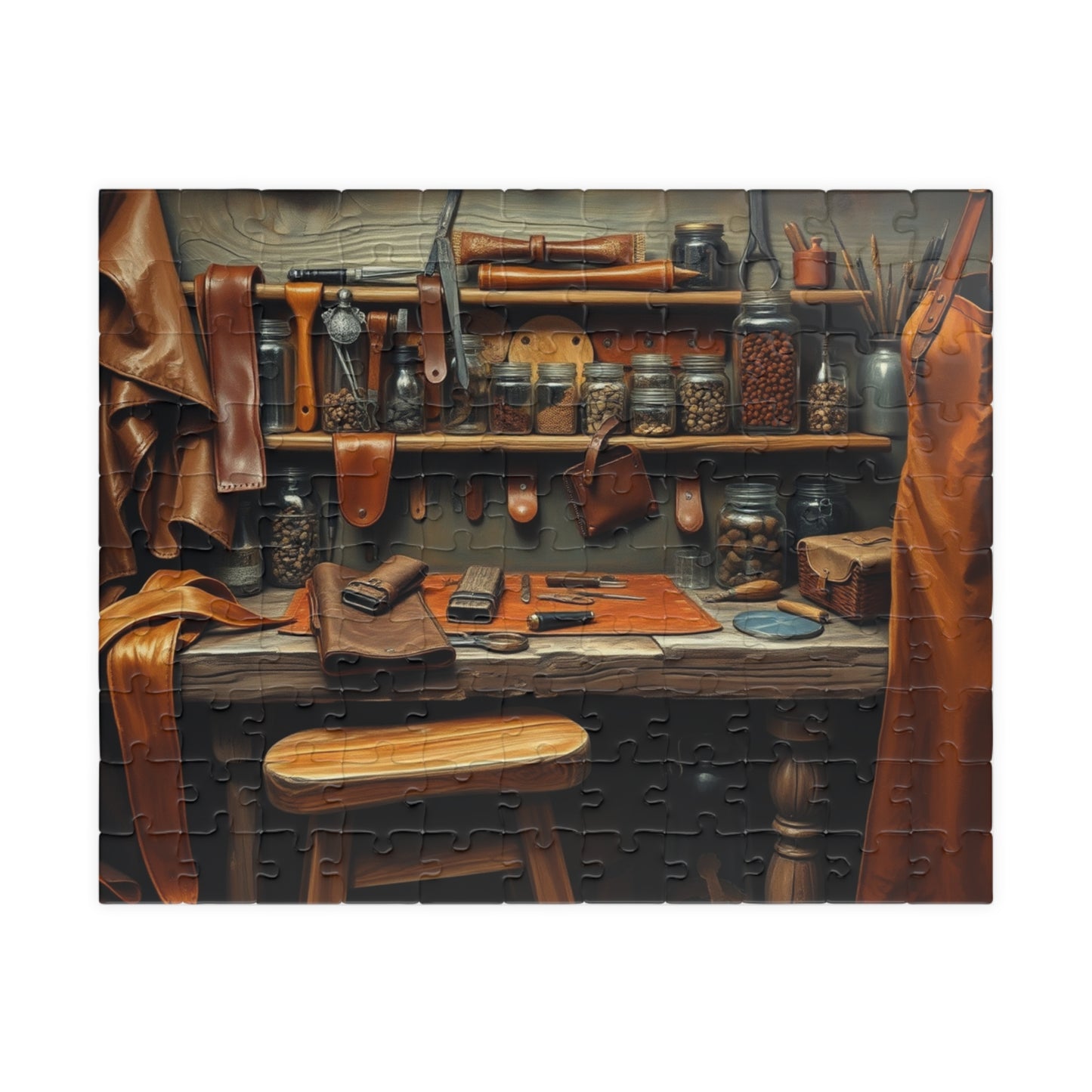 Rustic Leatherworking Bench Puzzle (110-1014 Piece), Leathercraft Work Studio Jigsaw Game, Relaxing Activity for Craft and Puzzle Enthusiast 110 pcs (Horizontal) Puzzle The Puzzle Chest